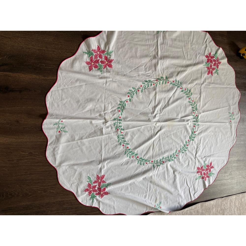 Vintage Handmade Christmas Poinsettia Cross Stitch Round Tablecloth 56 inch